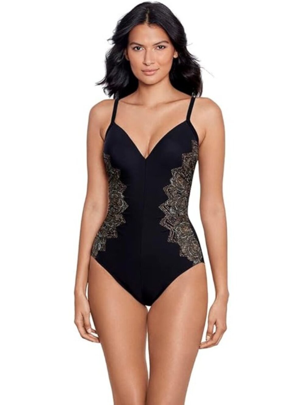 Mirclesuit Floral One-Piece Swimsuit Black & Gold Accents Size 8 - New With Tag